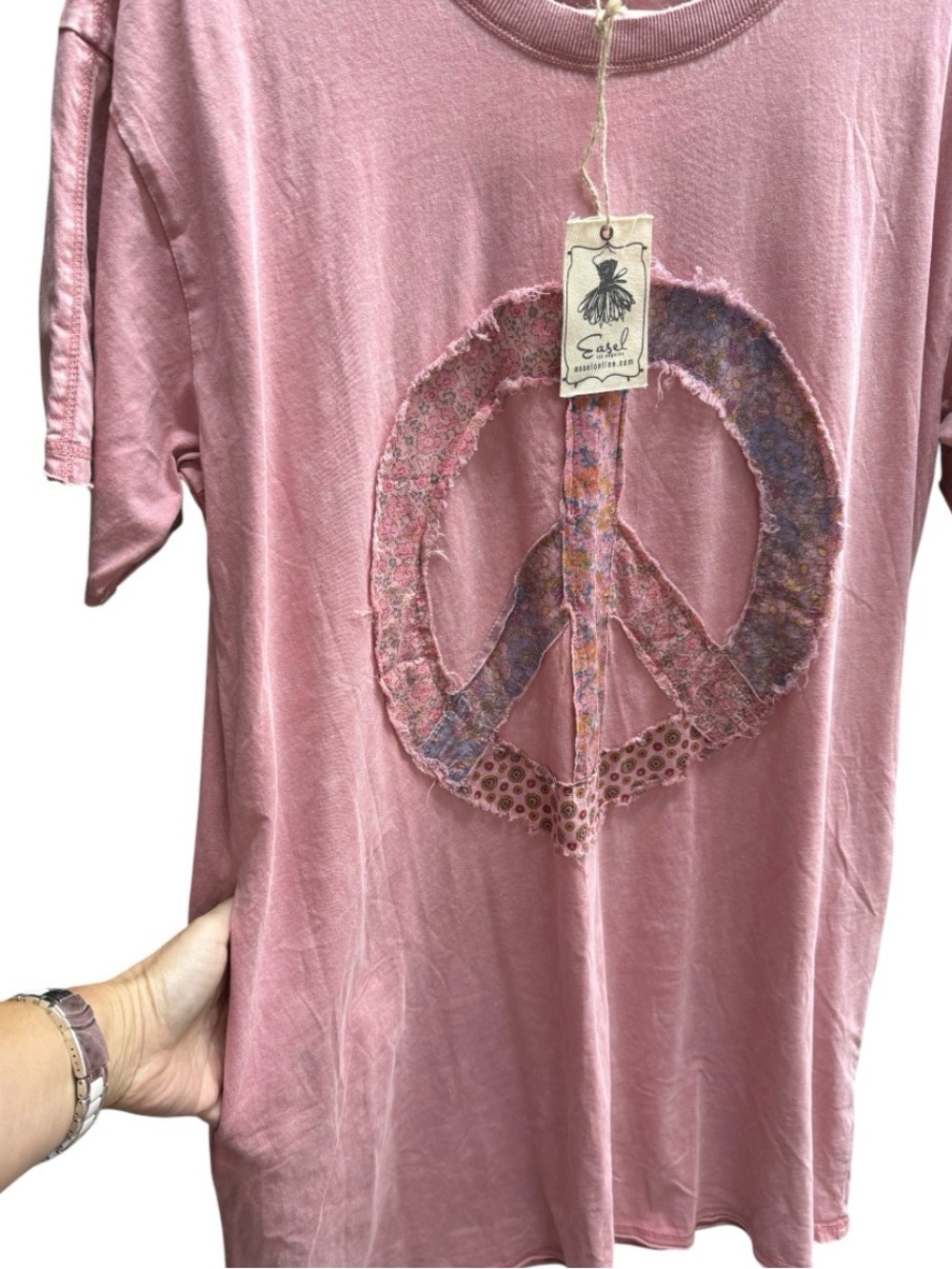 Easel Pink Patchwork Peace Sign T-Shirt Dress Size M - Picture 3 of 6